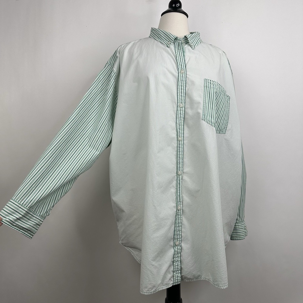 American Eagle Oversize Button Down Shirt Green White Contrast Stripe XXL Cotton - Picture 3 of 13
